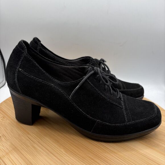 Clarks Bendables Honest Q Black Suede Oxford Pumps Lace Up Womens 8 W Wide Shoe - Picture 11 of 11